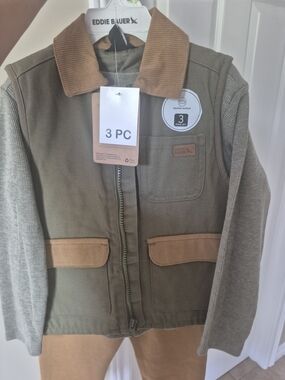 Eddie Bauer Olive Green Jacket with Tan Corduroy Trim